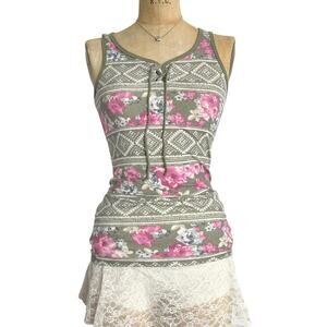 Justice Floral Tank Top Green Pink Y2K Boho Chic Lace Up Detail XS‎